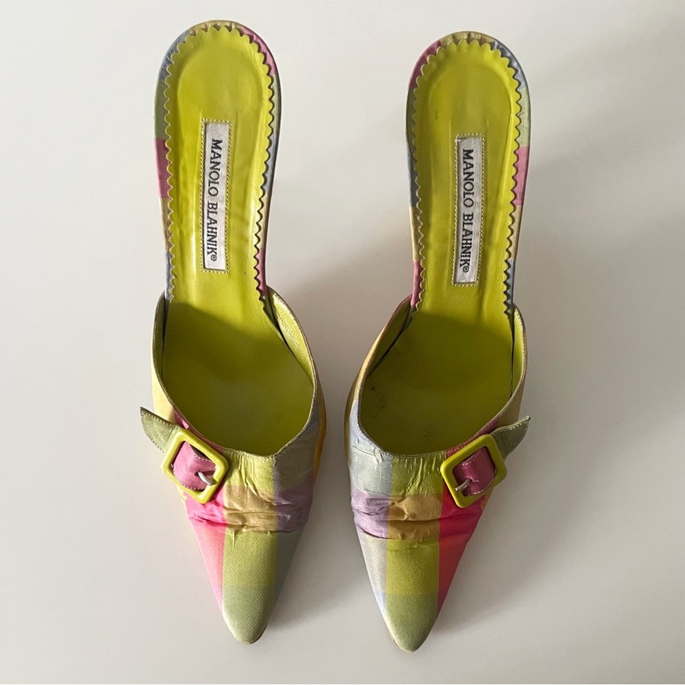Manolo Blahnik 2000 Plaid Buckle Multicolour Mule Heels